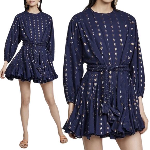 Rhode Navy Blue Ella Metallic Heart Jacquard Cotton Belted Mini Dress Size M